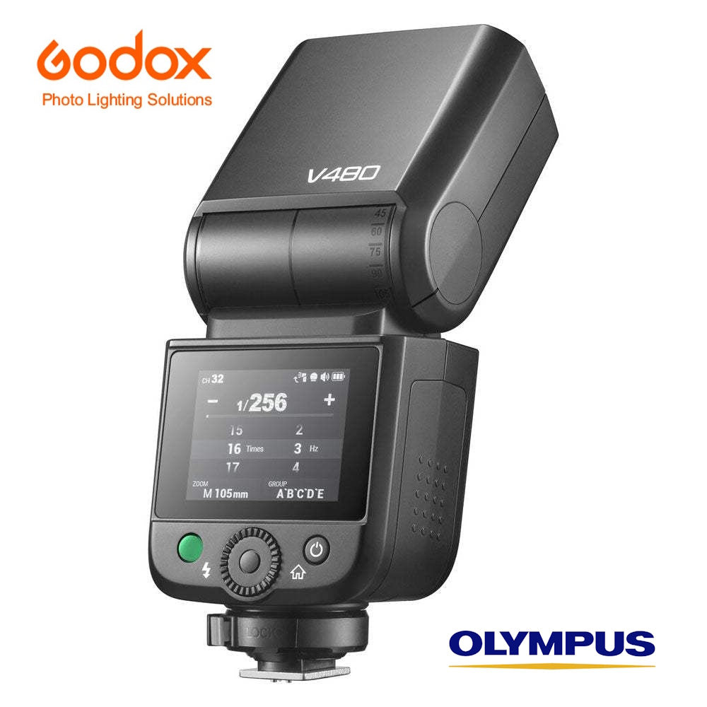 Godox V480 TTL HSS para Olympus con batería de litio y pantalla táctil