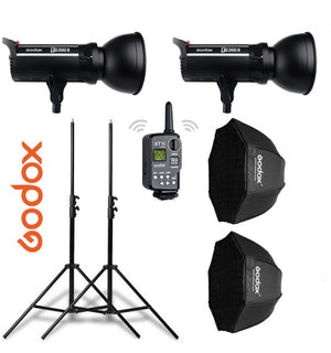 Kit 2 flashes Godox DS300II con receptor interno, octas, pies y transmisor XT16