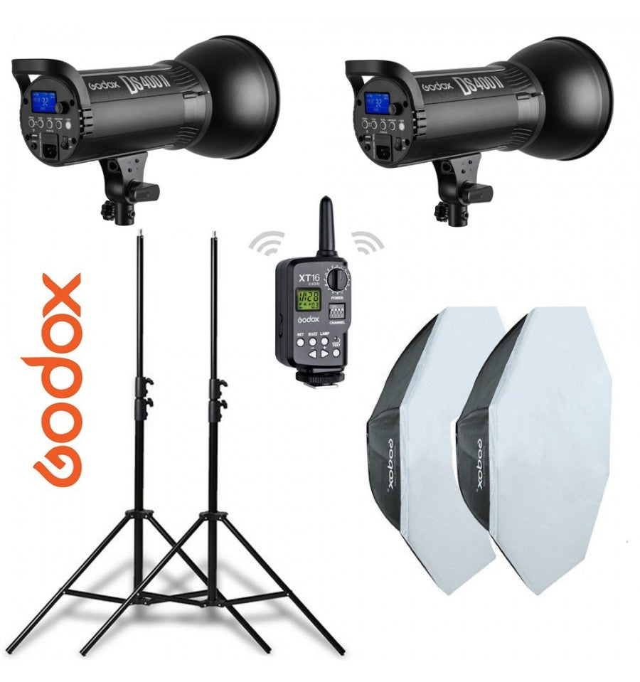 Kit 2 flashes Godox DS400II receptor interno, octas, pies y transmisor –