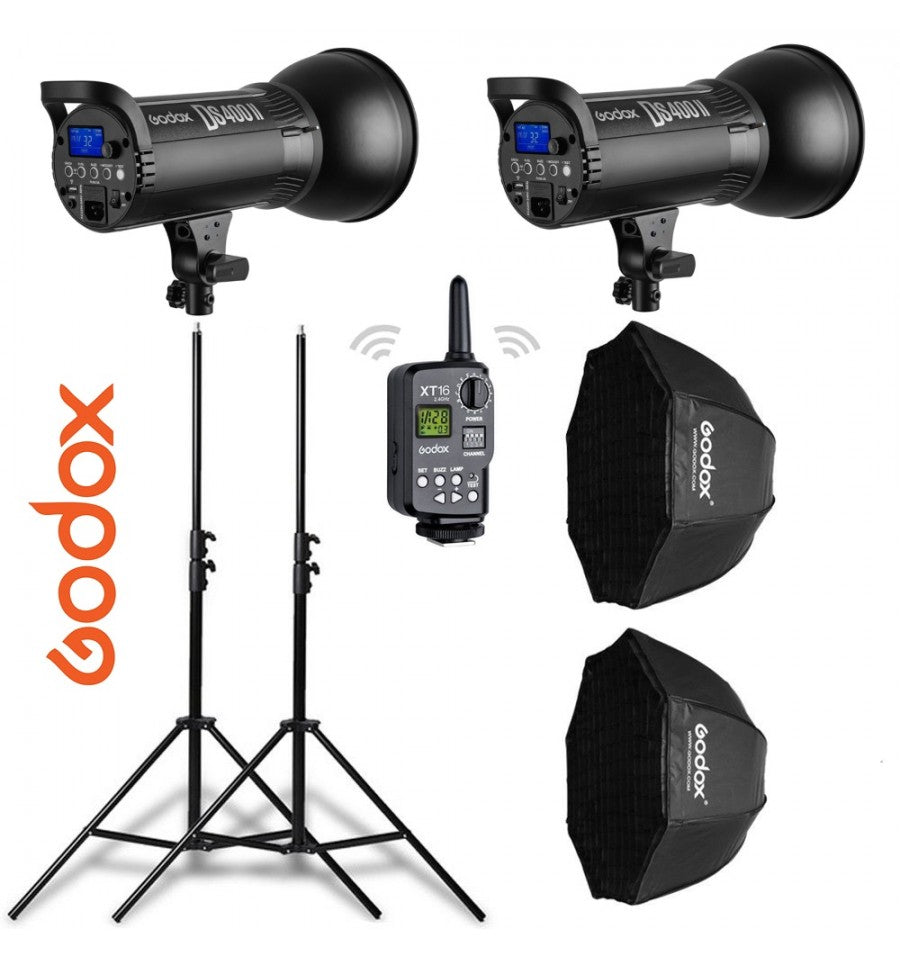 Kit 2 flashes Godox DS400II receptor interno, octas, pies y transmisor –